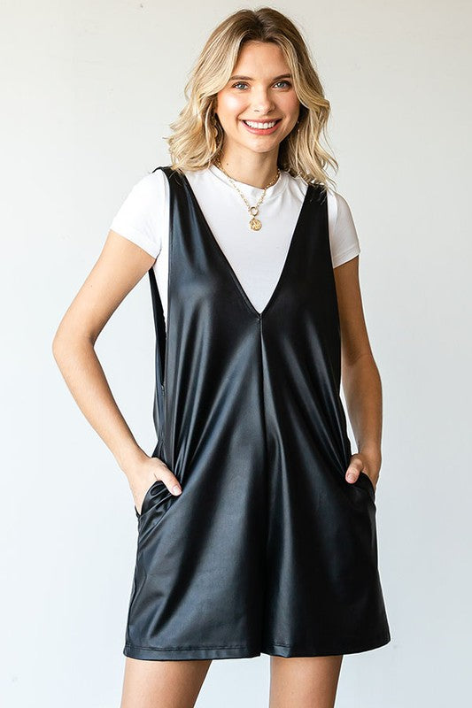 Faux Leather V Neck Romper