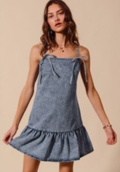 Denim Mini Dress w/ Ribbon Strap
