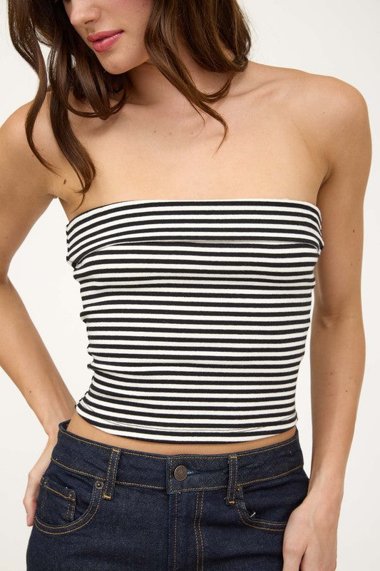 Striped Strapless Foldover Top